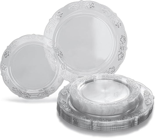 " OCCASIONS " 240 Plates Pack,(120 Guests) Vintage Wedding Party Disposable Plastic Plates Set-120x10.25'' Dinner +120x7.5'' Salad/Dessert Plate (Portofino Clear & Silver)