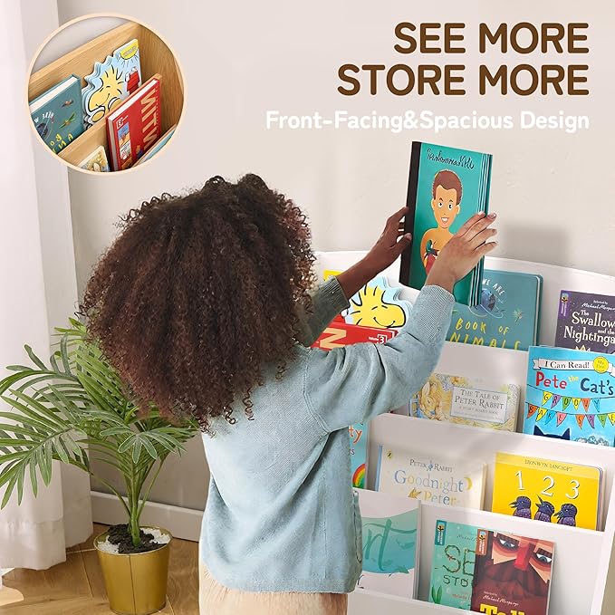 TOETOL 4-Tier Kids Bookshelf - Toddler Book Display Shelves for Classrooms, Playrooms, and Nursery - Wooden Children Book Rack (White)