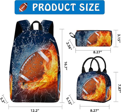 3PCS Backpack for Boys Girls, Kids Football Back to School Backpack Sets with Lunch Bag Pencil Case, 17 Inch Lightweight Bookpack 3 in 1 Set for Teens Elementary Middle High School Students
