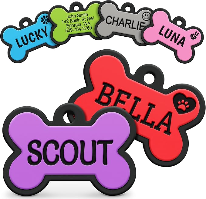 GoTags Silicone Dog Tags, Soundless Pet Tag, Personalized Silent Tag Engraved for Pets with Cute Custom Designs, for Dogs and Cats, (Bone, Purple)
