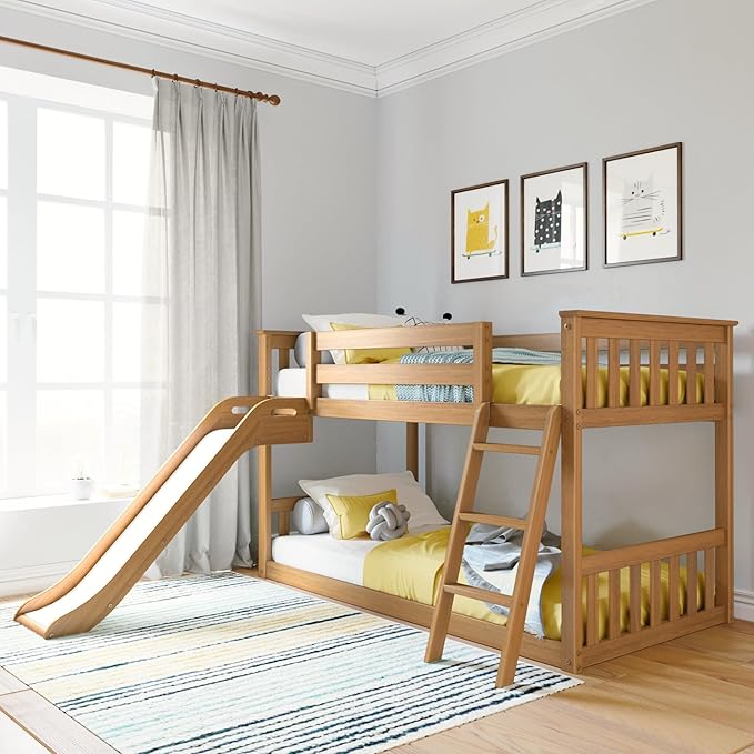 Max & Lily Twin Over Twin Low Bunk with Slide and Ladder, Wooden Bunk beds with 14” Safety Guardrail for Kids, Toddlers, Boys, Girls, Teens, Bedroom Furniture, Pecan