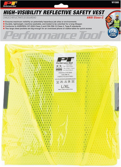 Performance Tool W1580 High-Visibility Reflective Safety Vest, Chest Pockets, Zip Closure, Neon Yellow