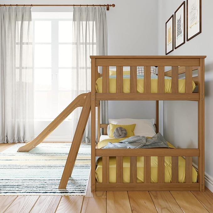 Max & Lily Twin Over Twin Low Bunk with Slide and Ladder, Wooden Bunk beds with 14” Safety Guardrail for Kids, Toddlers, Boys, Girls, Teens, Bedroom Furniture, Pecan