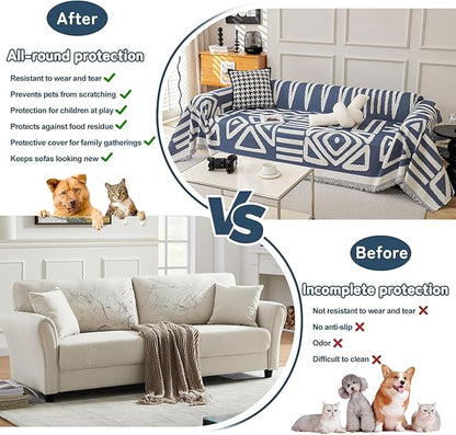 HANDONTIME Boho Chenille Sofa Cover - Denim Blue Reversible Blanket for L Shaped Sectional Couch - Geometric Protector for Dogs, 71" X 71"