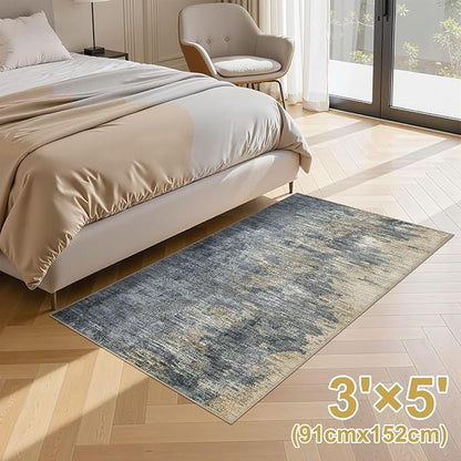 Area Rugs for Living Room: 3x5 Abstract Washable Rug Modern Neutral Large Soft Stain Resistant Non-Slip Backing Machine Table for Bedroom Dining Room Indoor Home Office Carpet - Blue Gold