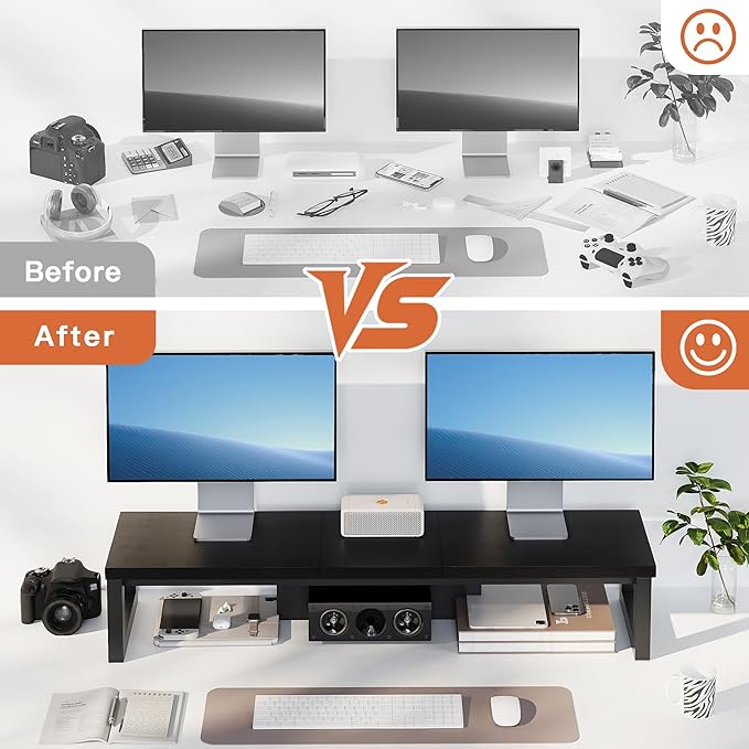 Dual Monitor Stand Riser, Wood and Steel Monitor Stand for Desk, Multi-Purpose Desk Shelf Organizer for Computer, Laptop, Printer, TV, Black