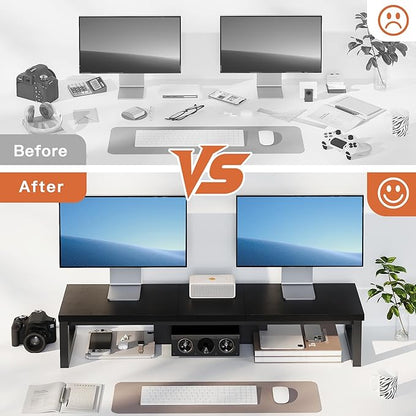 Dual Monitor Stand Riser, Wood and Steel Monitor Stand for Desk, Multi-Purpose Desk Shelf Organizer for Computer, Laptop, Printer, TV, Black