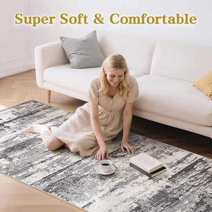 Area Rugs for Living Room: Abstract Washable Rug Modern Neutral Large Soft Stain Resistant Non-Slip Backing Machine Table for Bedroom Dining Room Indoor Home Office Carpet - 3x14 Black Grey