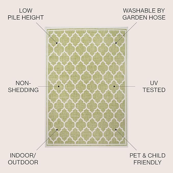 JONATHAN Y Moroccan Trellis Indoor Outdoor Area Rug 8X10 Green/Cream, Trebol Textured Weave for Backyard, Patio, Porch, Easy-Cleaning, High Traffic, Pet-Friendly, Non-Shedding (SMB109G-8)