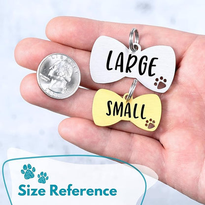 Ultra Joys Dog Tags Personalized for Pets - Hollow Paw Custom Pet ID Tag - Engraved Dog Tag for Small, Large Dogs - Large Bow Tie in Gold