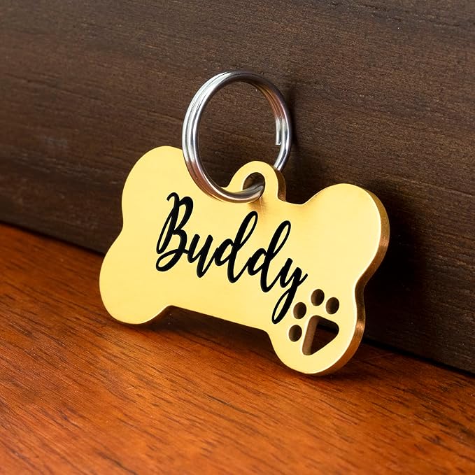 Ultra Joys Dog Tags Personalized for Pets - Hollow Paw Custom Pet ID Tag - Engraved Dog Tag for Small, Large Dogs - Large Bone in Gold