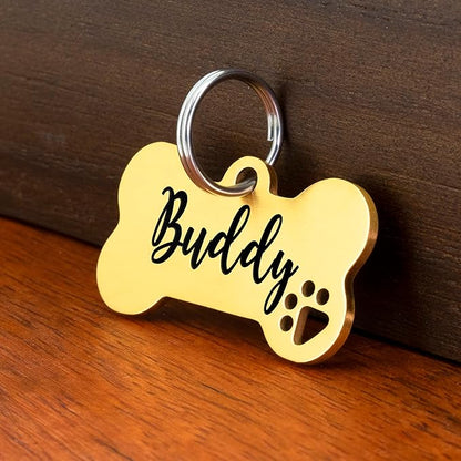 Ultra Joys Dog Tags Personalized for Pets - Hollow Paw Custom Pet ID Tag - Engraved Dog Tag for Small, Large Dogs - Small Bone in Gold