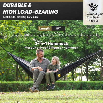 Camping Hammock with Mosquito Net, 500 lbs Portable Hammock with Tree Straps, 2-in-1 Double/Single Travel Hammock Tent for Outside/Indoor/Backpacking/Beach - Black & Grey
