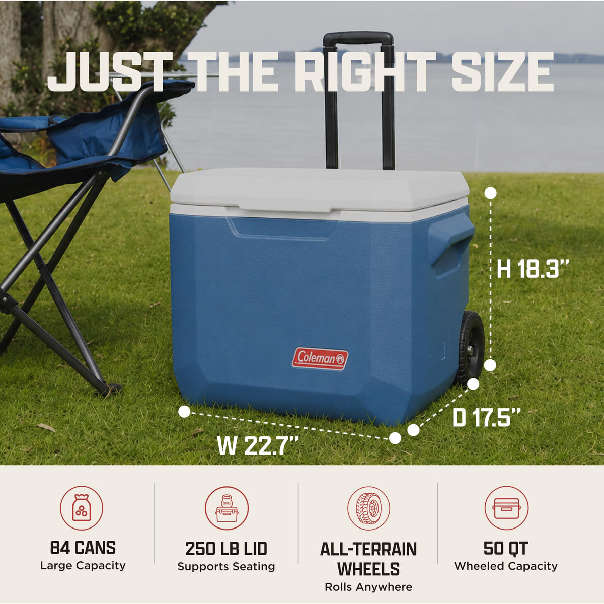 Coleman Xtreme 50qt Rolling Cooler with Wheels, Extra-Walled Insulation Keeps Ice up to 5 Days, Portable Wheeled Hard Chiller