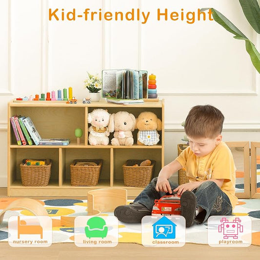 Kids Bookshelf and Toy Storage Shelf, Wooden Montessori Bookshelf, 2-Tier Toy Shelf with 5 Cubby, Classroom Furniture, Birch Children Bookcase, Book Shelf for Kids Room, Nursery, Playroom