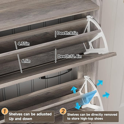 Maupvit Large Shoe Storage Cabinet with 6 Flip Drawers, Freestanding Shoe Organizer with Metal Handles for Entryway, Narrow Shoe Rack Cabinet, Washed Gray