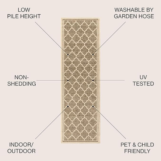 JONATHAN Y Moroccan Trellis Indoor Outdoor Runner Rug 2X14 Brown/Beige, Trebol Textured Weave for Backyard, Patio, Porch, Easy-Cleaning, High Traffic, Pet-Friendly, Non-Shedding (SMB109A-214)