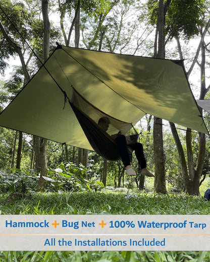 Sunyear Hammock Camping with Rain Fly Tarp and Net, Portable Camping Hammock Double Tree Hammock Outdoor Indoor Backpacking Travel & Survival, 2 Tree Straps,100% Waterproof Green Bundle
