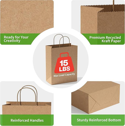 Simple Deluxe 250 Pack Kraft Paper Bags with Handles 10x5x13 - Made in USA -15 Lb Max Load - 100% Recycled Natural Brown Shopping Bags for Retail, Gifts & Merchandise (Premium 90GSM)