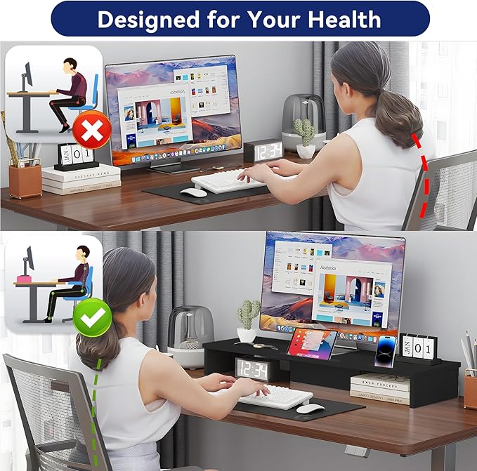 Dual Monitor Stand Riser with Phone Tablet Holder, 35.8in Large Monitor Stand for Desk, Computer Monitor Stand for 2 Monitors, Desk Shelf for Top of Desk, Desktop Organizer for Laptop, Printer, TV
