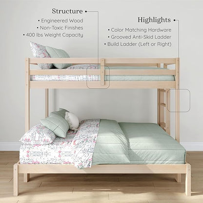 Grain & Grove Bear Twin Over Full Bunk Bed, Sturdy Bunk Bed Frame for Kids, Plywood Bunk with Ladder, Guardrail, and Slats, No Box Spring Required, Oak Embossed Natural
