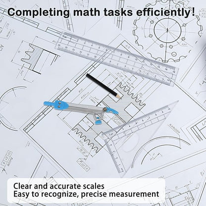 Geometry Set 10 Pcs Student Supplies with Storage Box, Includes 3 PCS Rulers, 2 Types Compasses, Protractor, Pencil, Pencil Sharpener, Eraser and Pencil Lead for Drafting and Drawings