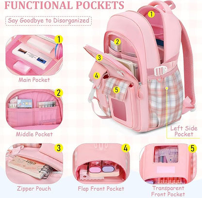 School Backpack for Girls - 5PCS Girls Backpack with Lunch Box Set for Elementary, Middle and High School Students - 18" Large Capacity School Bookbag with Multiple Pockets
