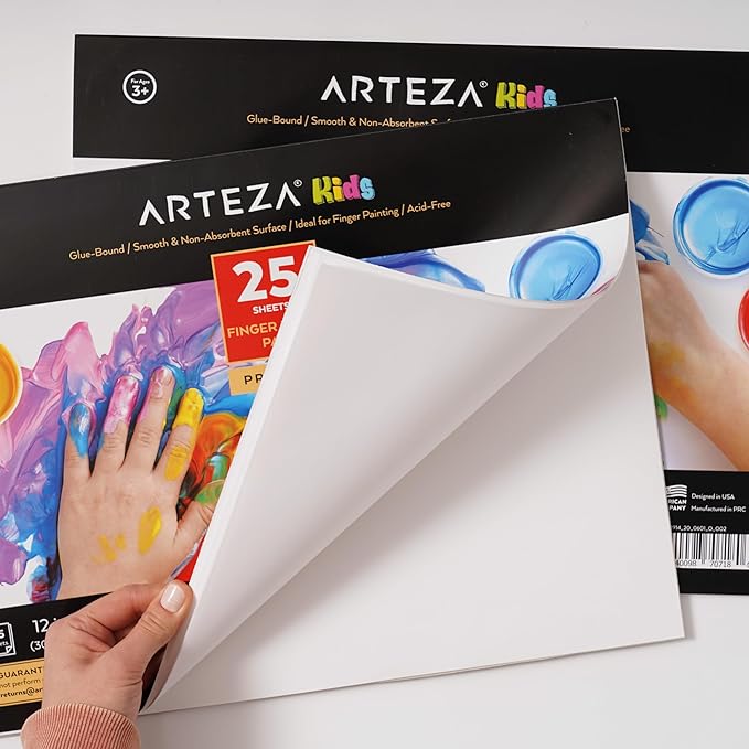 ARTEZA 12x16 Inches Finger Paint Paper Pad, Pack of 2 Finger Pads, 25 Sheets Each, 54lb/80gsm Drawing Pad for Kids