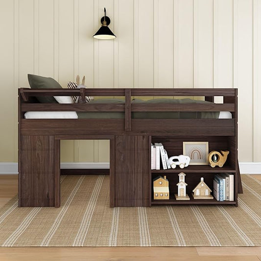 Max & Lily Modern Farmhouse Twin Low Loft Bed with Bookcase - Solid Wood, 15” Guardrails, 400-lb Capacity, Low-VOC Finish, Barnwood Brown
