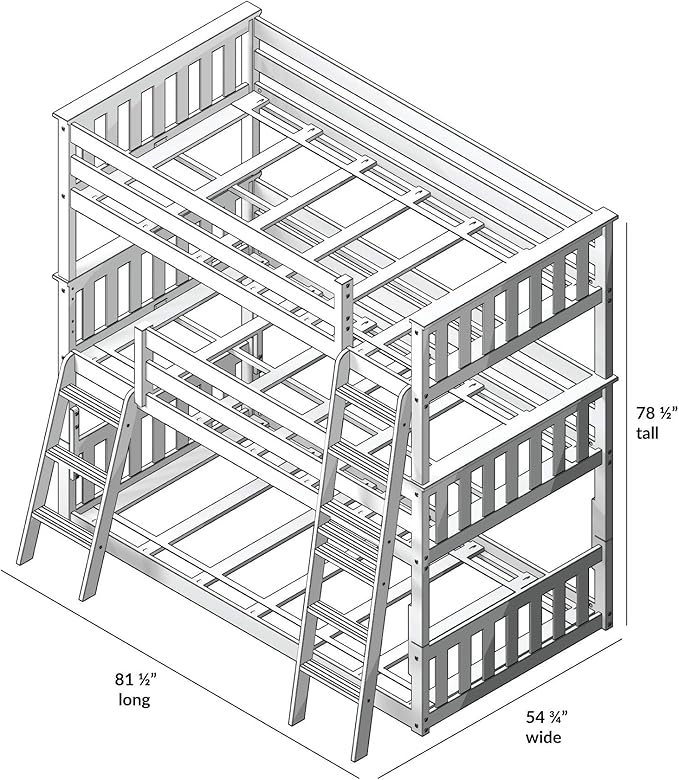Max & Lily Triple Twin Bunk Bed, Solid Wood Bed Frame For Kids, No Box Spring Needed, Easy Assembly, White