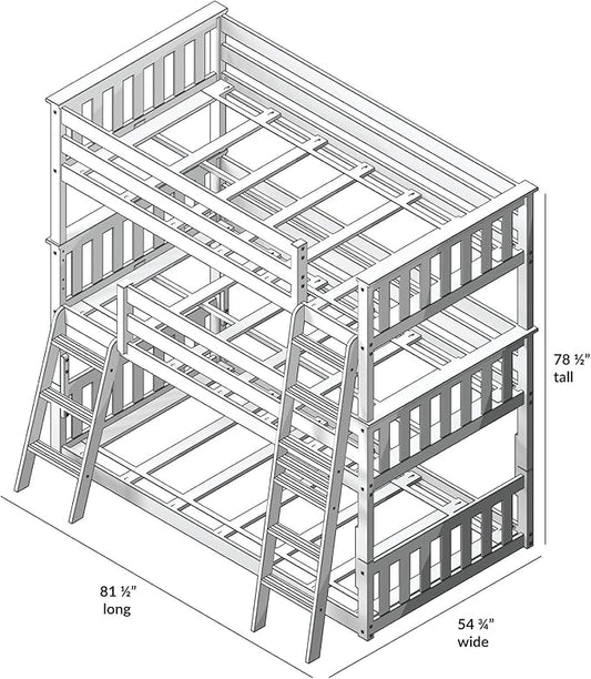 Max & Lily Triple Twin Bunk Bed, Solid Wood Bed Frame For Kids, No Box Spring Needed, Easy Assembly, White