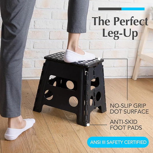 Handy Laundry Folding Lightweight Step Stool - Sturdy Enough to Support Adults and Safe Enough for Kids - Opens Easy with One Flip - Great for Kitchen, Bathroom or Bedroom (Black- 13 inch)