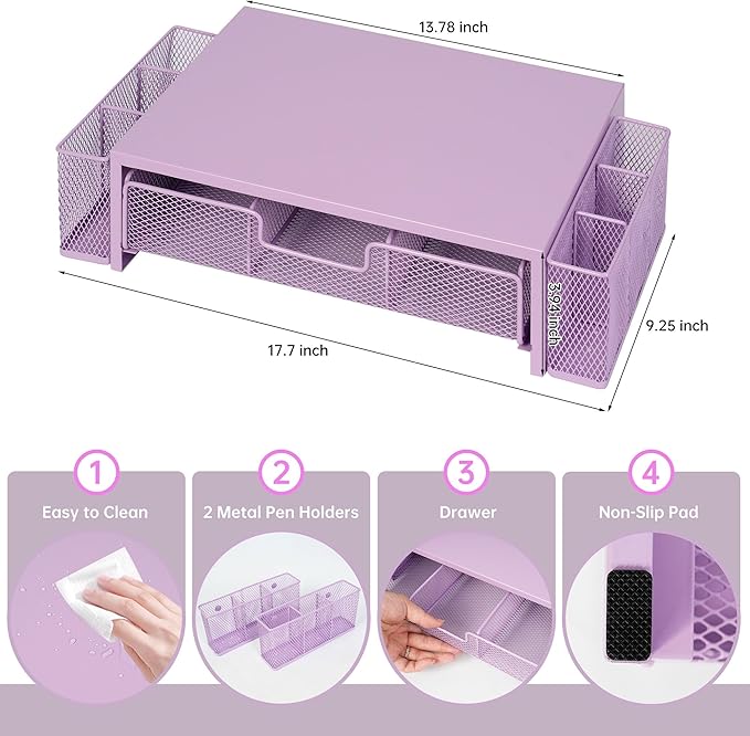 Computer Monitor Stand Riser with Drawer and Pen Holders, Desk Organizer Shelf and Accessories, Office Desk Accessories, Office Organization, Purple