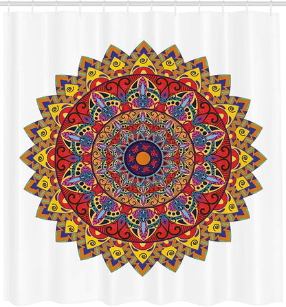 Ambesonne Ethnic Shower Curtain, Bohemic Hippie Design with Geometric Oriental Shapes Image Print, Cloth Fabric Bathroom Decor Set with Hooks, 69" W x 70" L, White