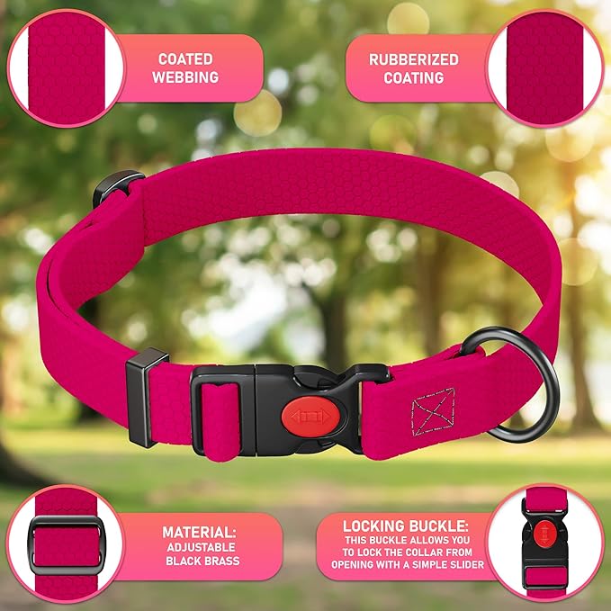 Adjustable Dog Collar with Safety Lock Buckle - Made in USA - Honeycomb Waterproof Heavy Duty Dog Collars for Medium Large Dogs - Odor Proof Pet Collar for Dogs with Strong Zinc D Ring (3/4", Pink)