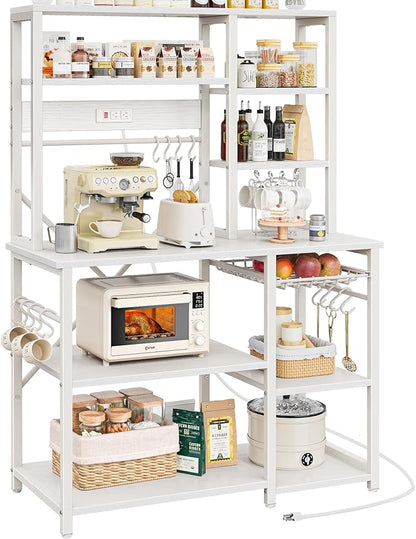 SUPERJARE Large Bakers Rack with Power Outlets, 6-Tier Microwave Stand, Coffee Bar with 12 S-Shaped Hooks, Kitchen Shelf with Wire Basket, 39.3 x 15.5 x 66.9 Inches, White