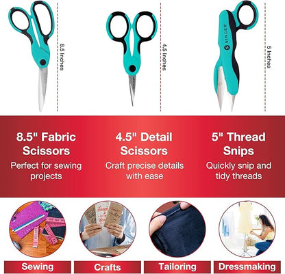 SINGER ProSeries Sewing Scissors Bundle: 8.5" Heavy Duty Fabric, 4.5" Detail Embroidery, 5" Thread Snips With Comfort Grip (Teal)