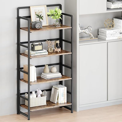 No Assembly Folding Bookshelf, 4 Tiers Collapsible Book Shelf for Home Office, Vintage Wood Foldable Bookcase Storage Organizer for Living Room Bedroom (Rustic Brown)