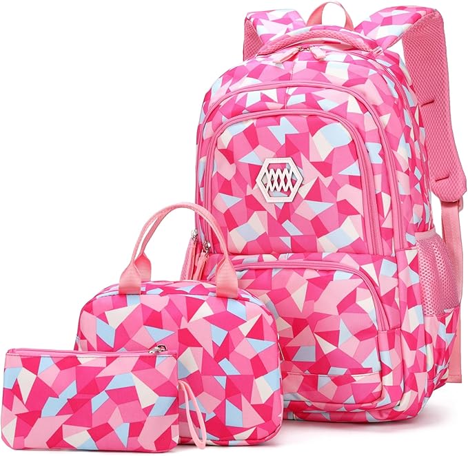 3Pcs Geometric Print Kids Backpack Set for Girls with Lunchbox, Capacity Elementary Middle School Bag Girls Backpack and Lunchbox Set