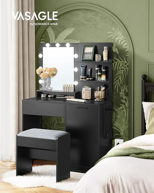 VASAGLE Vanity Desk with Mirror and Lights, 35.4-Inch Wide Makeup Vanity with Upholstered Vanity Stool, Power Outlets, Dimmable LED Lights, Storage Drawer, for Bedroom, Ink Black URDT128B01