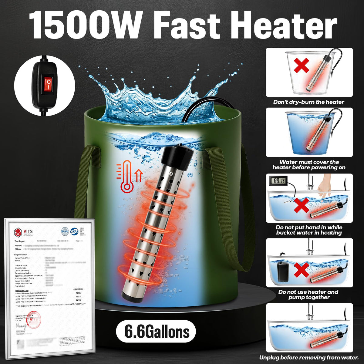 Motivekit™ Portable Camping Shower | 6.6 Gallons Foldable Bucket, 6000mAh Shower Pump, 6' 7" Shower Head, 1500W Immersion Heater, Summer Beach Outdoor Showering Hiking Pet Bath RV Car Wash Water Plant