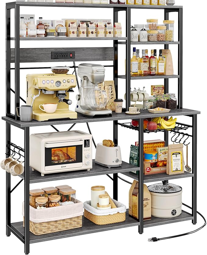 SUPERJARE Larger Bakers Rack with Power Outlets, 6-Tier Microwave Stand, Coffee Bar with 12 S-Shaped Hooks, Kitchen Shelf with Wire Basket, 47.2 x 15.5x 66.9 Inches, Grey