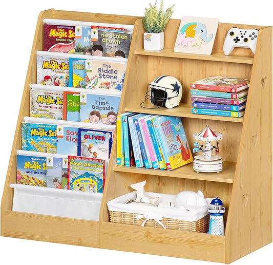 Lerliuo 4 Tier Kids Bookshelf and Storage Organizer, Five Layer Sling Children Bookcase, Baby Toddler Wooden Book Shelf, Display Cabinet for Playroom, Bedroom, Classroom, Nursery, School (Natural)
