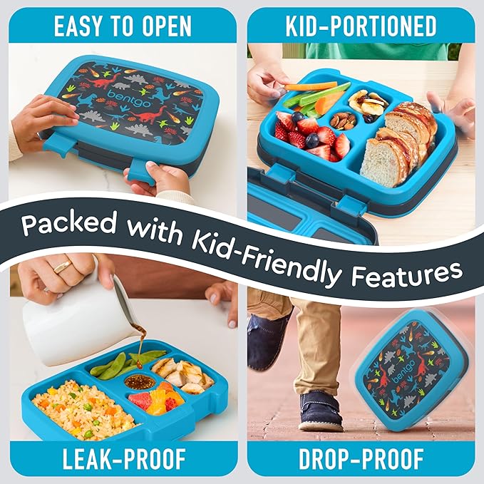Bentgo Kids Prints Leak-Proof, 5-Compartment Bento-Style Kids Lunch Box - Ideal Portion Sizes for Ages 3-7, Durable, Drop-Proof, Dishwasher Safe, & PFAS & BPA-Free Materials (Dinosaur)