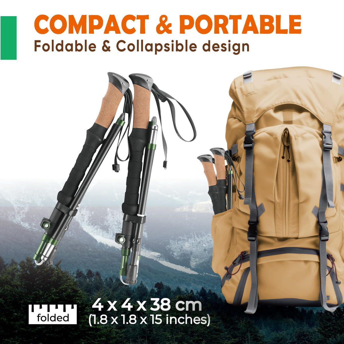 TREKOLOGY Trek-Z Cork Grip Trekking Poles – Lightweight Folding Hiking Poles, Adjustable Height, Compact Travel Design, Aircraft-Grade Aluminum Walking Sticks for Men & Women (Black with Green)