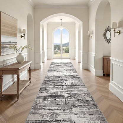 Area Rugs for Living Room: Abstract Washable Rug Modern Neutral Large Soft Stain Resistant Non-Slip Backing Machine Table for Bedroom Dining Room Indoor Home Office Carpet - 3x14 Black Grey