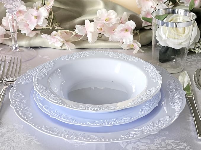 " OCCASIONS " 50 Plates Pack (25 Guests) Vintage Wedding Party Disposable Plastic Plate Set -25x10.25'' Dinner +25x7.5'' Salad/Dessert plates (Portofino Plain Blue)