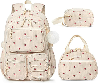 Fimibuke School Backpack for Girls Boys - 3PCS Corduroy Kids Backpack Set with Lunch Box & Pencil Pouch, Lightweight Teen Girls School Bag Laptop Bag Travel Daypack for Elementary Middle High School
