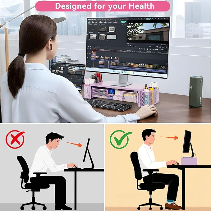 Computer Monitor Stand Riser with Drawer and Pen Holders, Desk Organizer Shelf and Accessories, Office Desk Accessories, Office Organization, Purple