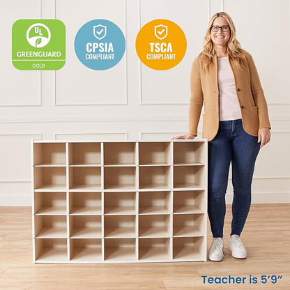 ECR4Kids Streamline 25 Cubby Tray Storage Cabinet, 5x5, Classroom Furniture, White Wash